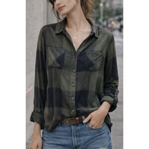 Lucky Brand Plaid Button Up Blouse Small Green Black Soft Modal Shirt